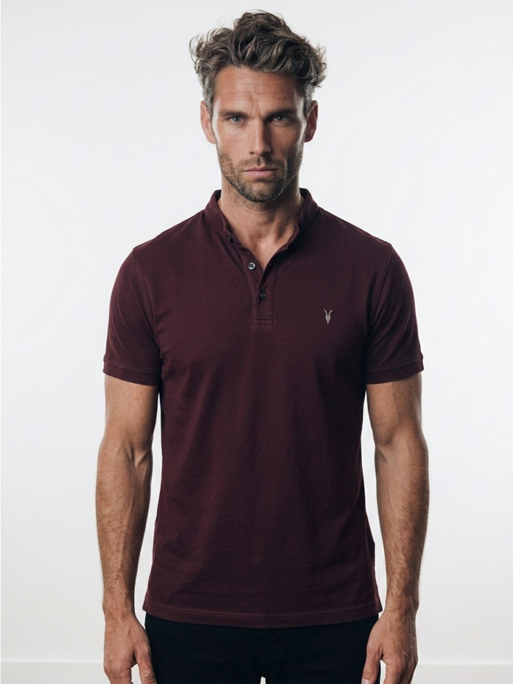 AllSaints Mens Brace Polo Shirt Burgundy Maroon‎ Short Sleeve Ram Skull Size M